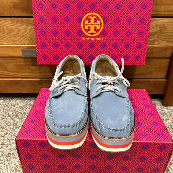 Tory Burch Joey Platform Boat Shoes Nubuck Blue Leather NEW in Box Women's 9.5 - Picture 7 of 14